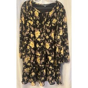 Laurel Grey Size M Black & Yellow floral Print Dress Lined Long Sleeve